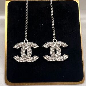 Chanel Crystal CC Drop Chain Earrings – Silver Tone – Excellent Condition